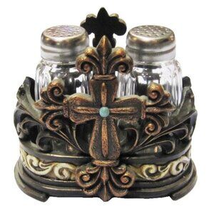Fleur-De-Lis Cross Salt and Pepper Set Resin & Glass 4 1/4" tall x 3" wide 12609